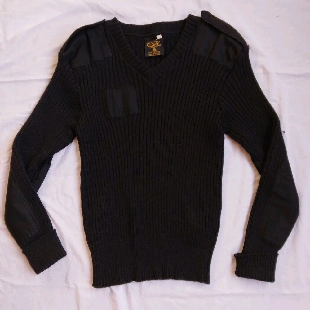 Vtg military Citadel Mens Sweater Virgin Wool England 44" Black Elbow Patch